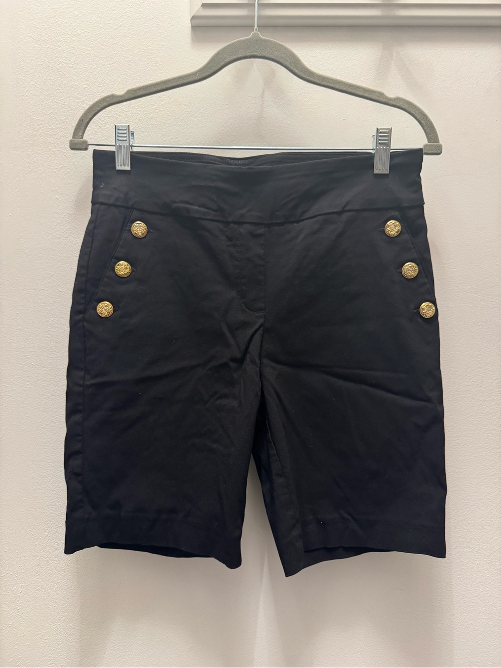 Black Bermuda Shorts with Decorative Gold Buttons